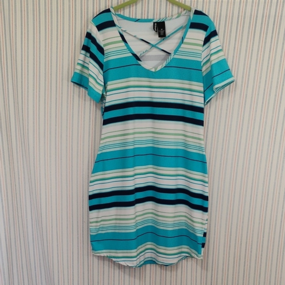 Kristen Nicole Striped Dress. Blue, Green, And White  1X